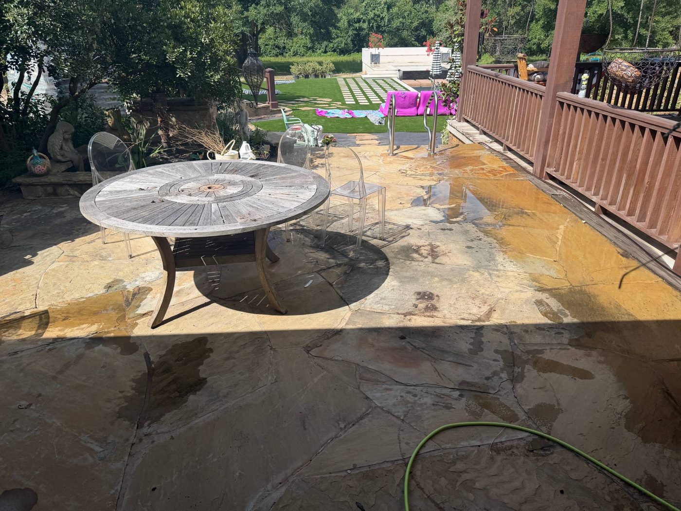 Flagstone patio before cleaning